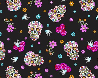 Sugar Skull Fabric, By The Yard, Skull Fabric, Day of The Dead Skulls with Glitter, Black, DT51957CW1, Quilting Cotton, BTY, TheFabricEdge