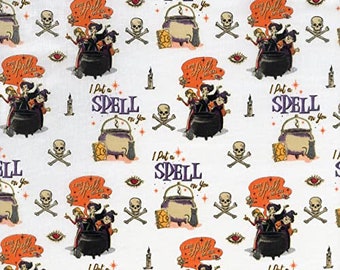 Tela de Halloween, PRECUT HALF YARD, Disney Hocus Pocus Te puse un hechizo en tu tela, 74463A620715 Algodón acolchado con licencia, TheFabricEdge