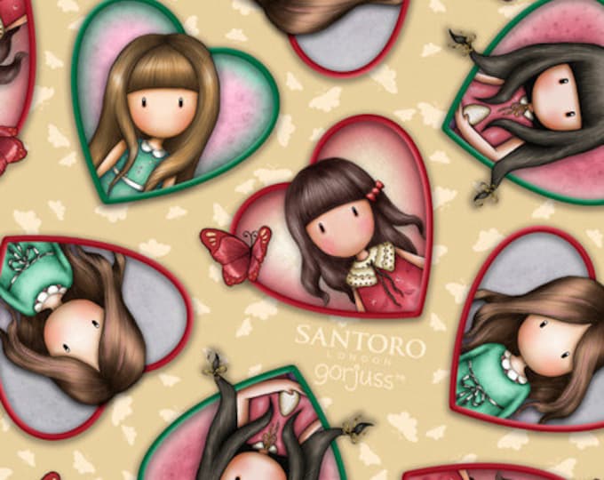 Santoro Fabric, by the Yard, Truly Gorjuss Girls in Hearts, QT Fabrics, 27797E, Cream, Quilting