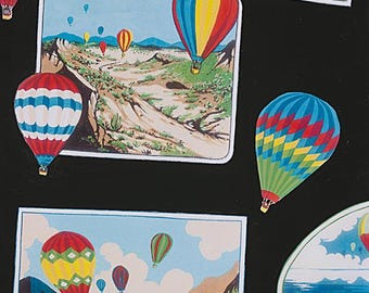 Hot Air Balloon Fabric, Rally Scrapbook, Black, By The Yard, Travel Fabric, Vacation, BTY, 8722B, TheFabricEdge