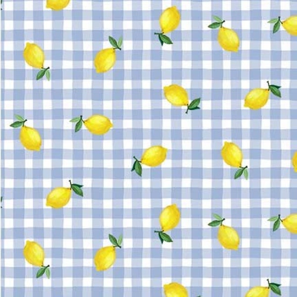 Lemon Fabric By The Yard, Lemon Squeeze, Lemons on Blue Gingham, Michael Miller Fabrics DC10562-BLUE-D, Quilting Cotton BTY, TheFabricEdge