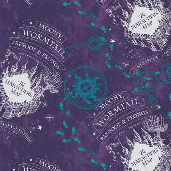 Harry Potter Flannel Fabric, PRECUT HALF YARD, Purple Compass Rose Marauders Map Flannel, Camelot Fabrics, TheFabricEdge