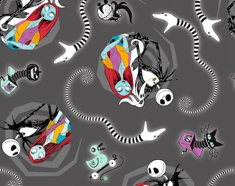 Nightmare Before Christmas Fabric By The Yard, Jack and Sally Vortex, Springs Creative 75252A620715, Licensed Quilting Cotton, TheFabricEdge