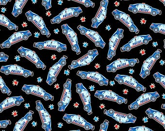 Police Fabric, By The Yard, Glow In The Dark Police Cars Fabric, Benartex, 9735GL-12, Quilting Cotton, BTY, TheFabricEdge
