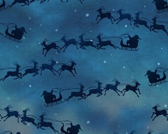 Santa Flying Sleigh Fabric By The Yard, Santa Claus Sleigh, 3 Wishes Fabric 19530-BLU, Quilting Cotton BTY