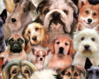 Puppy Fabric By The Yard, Petpourri Puppy Dogs, Elizabeth's Studio, 1255E-MULT, Quilting Cotton BTY, TheFabricEdge