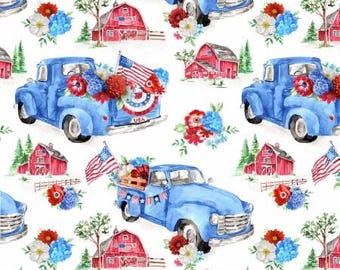 Patriotic Fabric by The Yard, Patriotic Floral Blue Truck, Timeless Treasures CD3269, Quality Quilting Cotton