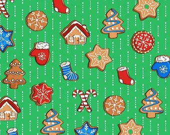 Christmas Fabric, By The Yard, Christmas Cookies, QT Fabrics, 27829-H, Green, Quilting Cotton, BTY, TheFabricEdge