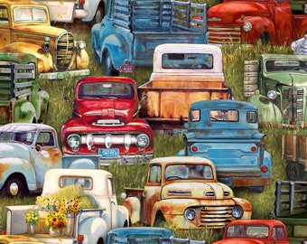 Tela Vintage Trucks, PRECUT HALF YARD, Old Farm Trucks, Elizabeth's Studio, 21002E-grn, Acolchado de algodón, TheFabricEdge