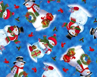 Christmas Fabric, By The Yard, Frosty Friends Tossed Snowmen, QT Fabrics, 27682-W, Denim Blue, Quilting Cotton, BTY, TheFabricEdge