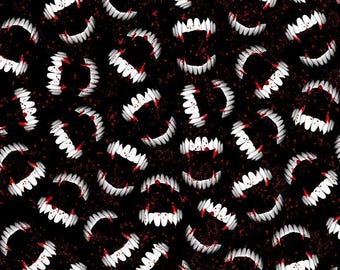 Vampire Fabric By The Yard, Halloween Fabric, Bloody Vampire Fangs, Timeless Treasures WICKED-CD1832 Quilting Cotton BTY, TheFabricEdge