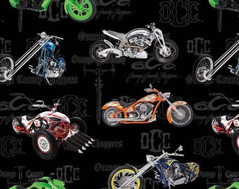 Orange County Choppers Fabric By The Yard, Motorcycle Fabric, OCC Toss, Michael Miller, DDC10640-BLAC-D, Quilting Cotton BTY, TheFabricEdge