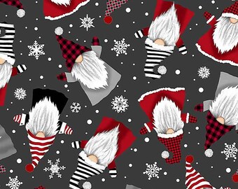 Christmas Gnomes Fabric By The Yard, Tossed Winter Gnomes and Snowflakes, Timeless Treasures C1364, Quilt Cotton Fabric BTY, TheFabricEdge