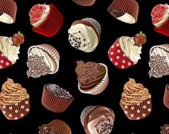 Cupcake Fabric By The Yard, Tossed Chocolate Cupcakes, Timeless Treasures C1087 Black, Quilting Cotton BTY, TheFabricEdge
