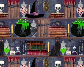 Halloween Fabric By The Yard, Slate Halloween Shelfie, Spooky Library, Windham 52518D-2, Quilting Cotton BTY, TheFabricEdge