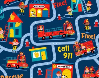 Firefighter Fabric By The Yard, Ladder Co. 1 Fire! Fire! Call 911 Kids Fabric, Michael Miller DDC10581-NAVY, Quilting Cotton, TheFabricEdge