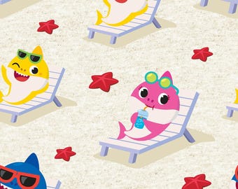 Baby Shark Fabric, By The Yard, Starfish Beach, Licensed Fabric, 73762J370715, Multi, Quilting Cotton BTY, TheFabricEdge