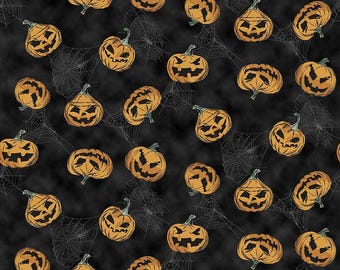 Ghoulish Jack O Lanterns Fabric By The Yard, Timeless Treasures, Wicked-CD4189 Black, Halloween Fabric