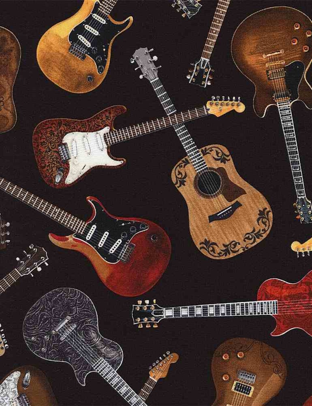 Guitar Fabric, by the Yard, Tossed Guitars, Timeless Treasures, C1611, Music Fabric, Quilting
