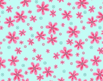 Easter Flowers Fabric, By The Yard, Spring or Easter Fun Fabric, Aqua Flower Toss, Henry Glass, 2571-76, Quilting Cotton, BTY, TheFabricEdge
