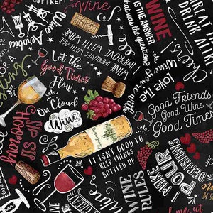 Wine Fabric By The Yard, Wine Cellar Text, Timeless Treasures C1092 Black, Quilting Cotton BTY, TheFabricEdge