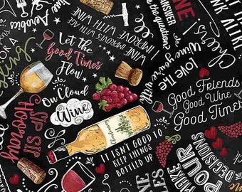 Wine Fabric By The Yard, Wine Cellar Text, Timeless Treasures C1092 Black, Quilting Cotton BTY, TheFabricEdge