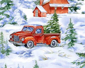 Christmas Red Trucks Fabric By The Yard, Trucks in The Winter Homestead, Timeless Treasures C8665, Quilting Cotton BTY, TheFabricEdge