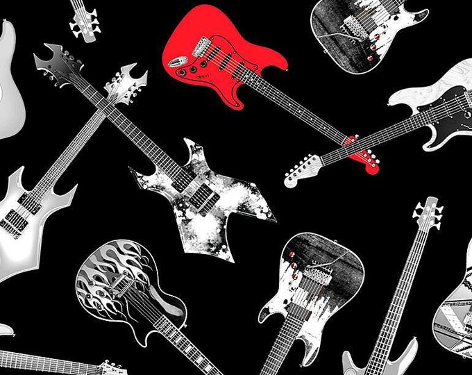 Guitar Fabric, by the Yard, Tossed Guitars, Feel the Music, Timeless Treasures, C8358, Black/red