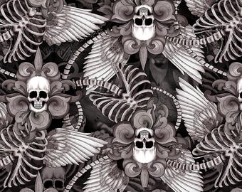 Halloween Fabric By The Yard, Last Dance Skull Fleur De Lis with Wings, Timeless Treasures C8708, Quilting Cotton BTY, TheFabricEdge