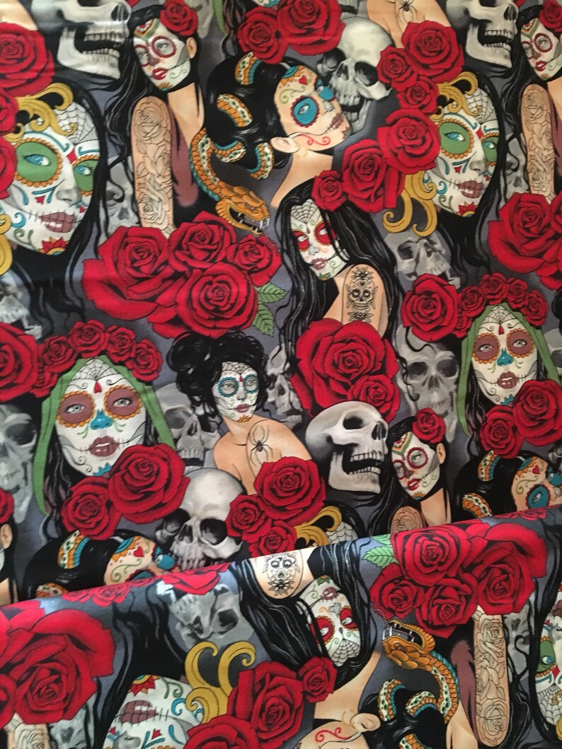 Skulls Sugar Skull Ladies Cotton Nocturna Brite Fabric by the Yard Nocturna Bright Alexander Henry Fabric TheFabricEdge