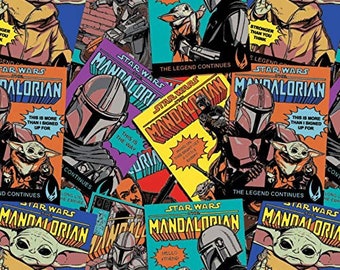 Baby Yoda Fabric, PRECUT HALF YARD, Star Wars Mandalorian Comic Posters, Camelot 73800256-01 Multi, Quilting Cotton, TheFabricEdge