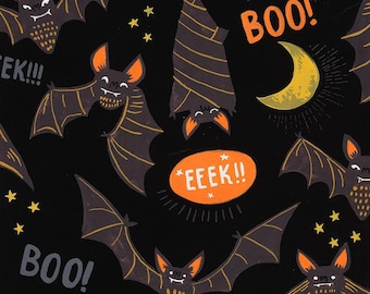 Alexander Henry Halloween Fabric By The Yard, Boo! Eek! Bats! 8974C Black, Quilting Cotton BTY, TheFabricEdge