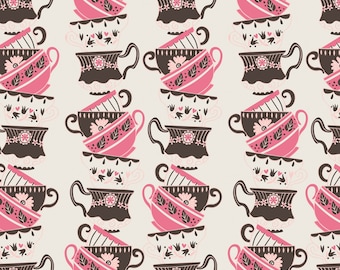 Tea Cup Fabric, By The Yard, Cream, Stacked Cups, Camelot Fabrics, 42170107-1, BTY, TheFabricEdge