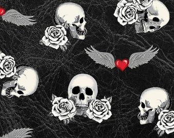Skull Fabric, By The Yard, Born To Ride Tattoo, Windham Fabrics,52241-3 Black, Quilting Cotton, BTY, TheFabricEdge