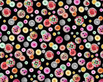 Button Fabric By The Yard, Sew Floral Buttons, Timeless Treasures C8936 Black, Quilting Cotton BTY, TheFabricEdge