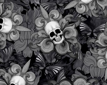 Halloween Fabric By The Yard, Last Dance Skull Fleur De Lis, Timeless Treasures C8709, Quilting Cotton BTY, TheFabricEdge
