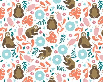Sloth Fabric, By The Yard, Born To Be Mild Live Slow, Camelot Fabrics, 21191803-1, White, Quilting Cotton, BTY, TheFabricEdge