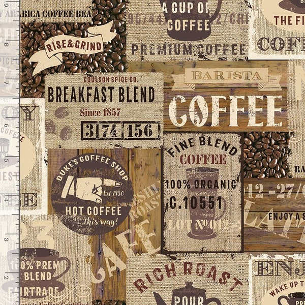 Coffee Fabric, By The Yard, Coffee Signs, Timeless Treasures, C7984, Quilting Cotton, BTY, Cafe Fabric, TheFabricEdge
