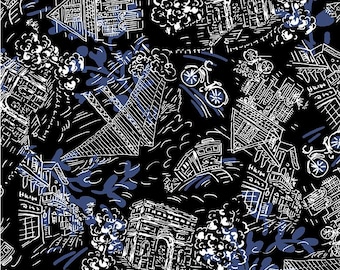Travel Fabric By The Yard, Joie De Vivre Around Town, Michael Miller Fabrics, CX9281-BLAC-D, Quilting Cotton BTY, TheFabricEdge