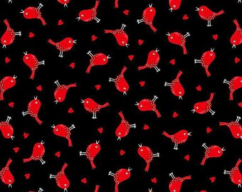 Bird Fabric By The Yard, Red Birds and Hearts, Timeless Treasures Gail-C7743-Black,  Quality Quilting Cotton