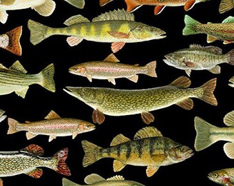 Fishing Fabric, by The Yard, Timeless Treasures Fabric, Fish, C6405, Black, Quilting Cotton, BTY, TheFabricEdge