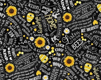 Bee Fabric By The Yard, Motivational Bee Quotes, Timeless Treasures Gail-CD1848 Black, Quality Quilting Cotton BTY, TheFabricEdge