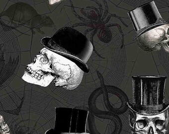 Halloween Fabric By The Yard, Wicked Skulls in Top Hats, Timeless Treasures C1445, Quality Quilting Cotton BTY, TheFabricEdge