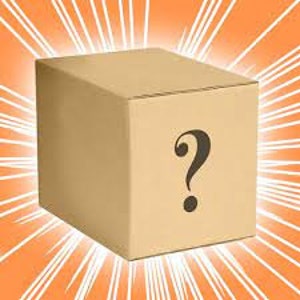 May include: A tan cardboard box with a black question mark on one side. The box is centered against a bright orange background with white radiating lines, suggesting a burst of light.