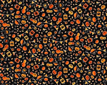 Halloween Fabric By The Yard, Patrick Lose Ghoultide Greetings Pumpkin Party Candy, Black, 10020-99, Quilting Cotton BTY, TheFabricEdge
