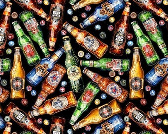 Beer Fabric, By The Yard, Tossed Beers, Beer Bottles, Timeless Treasures BEER-CD3922, Quilting Cotton BTY, TheFabricEdge
