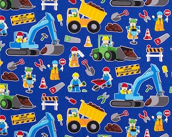 Toy Fabric, PRECUT HALF YARD, Building Block Construction Workers, Timeless Treasures, C2749, Royal Blue, Quilting Cotton, TheFabricEdge