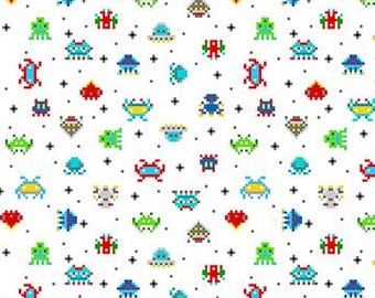 Gaming Fabric By The Yard, Gaming Zone Video Game Icons White Northcott 24572-10, Quilting Cotton BTY, TheFabricEdge