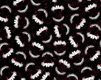 Vampire Fabric By The Yard, Halloween Fabric, Bloody Vampire Fangs, Timeless Treasures CD1831 Quilting Cotton BTY, TheFabricEdge