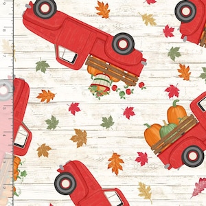 Farm Truck Fabric, By The Yard, Red Trucks With Pumpkins, Timeless Treasures, C7865, Quilting Cotton, BTY, TheFabricEdge